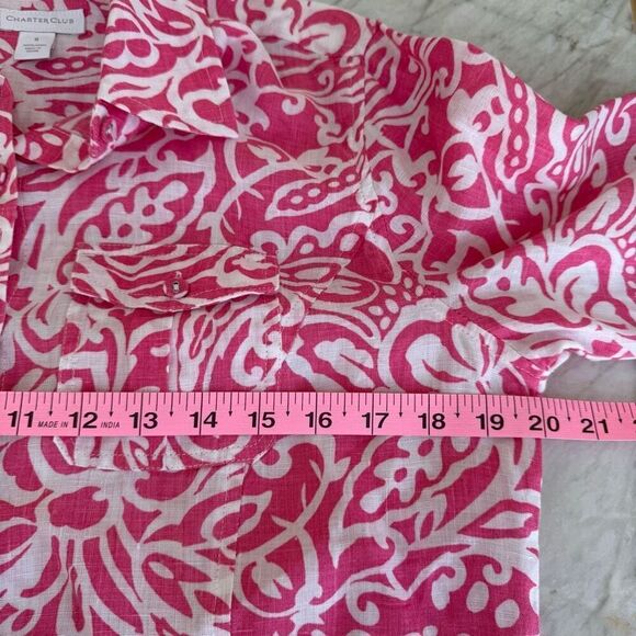 Charter Club Button Up Shirt 100% Linen Pink Floral Geometric roll tab sleeve 8 - Picture 5 of 7